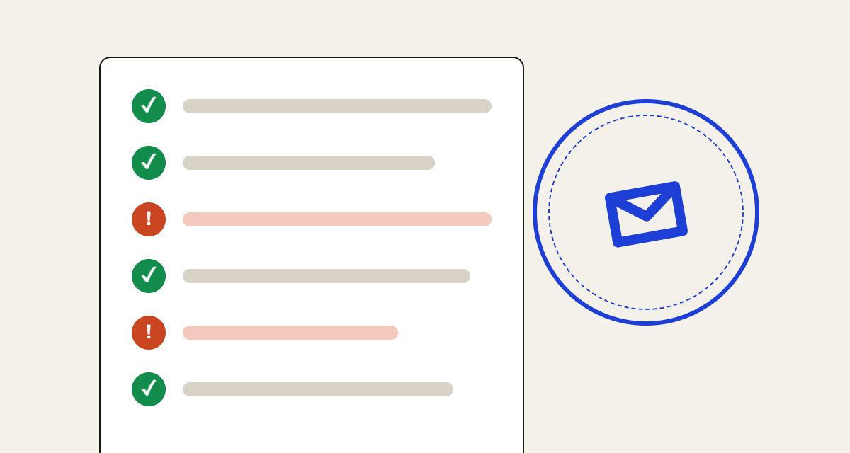 Uma lista de conferência com itens aprovados e dois avisos, ao lado de um selo de email.