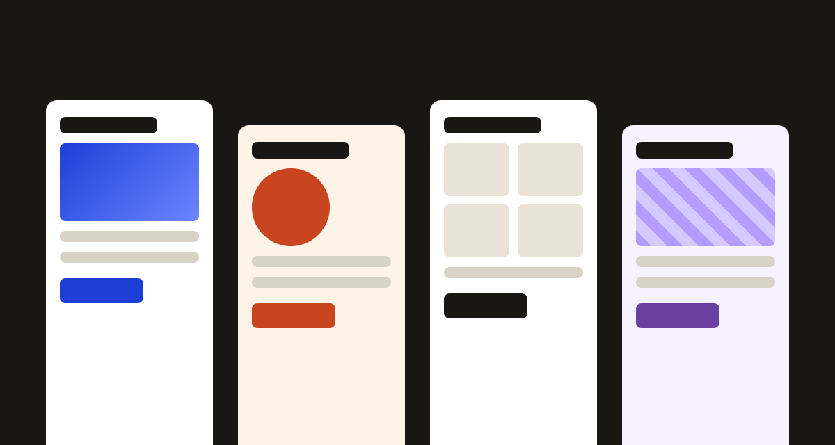 Quatro miniaturas de email, cada uma com um layout e uma cor diferentes.