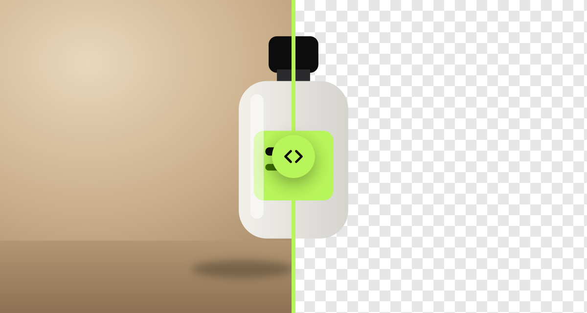 Antes e depois: um frasco de produto com fundo bege de um lado e com fundo transparente do outro.