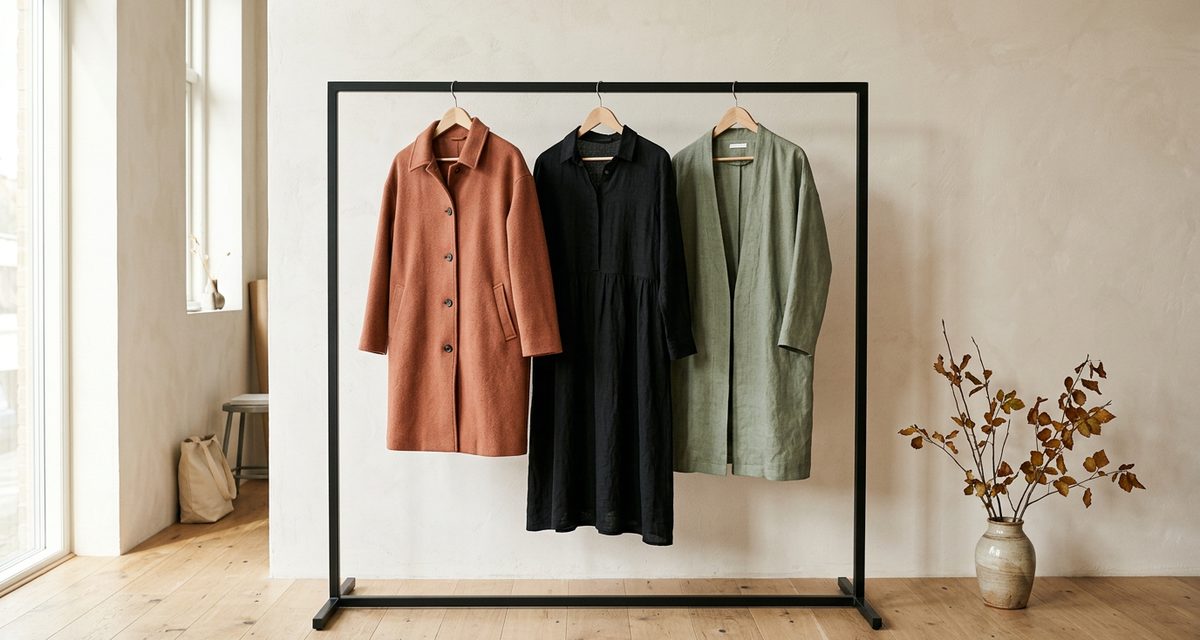 Três peças penduradas numa arara: um casaco cor de barro, um vestido preto e um casaco verde-sálvia.