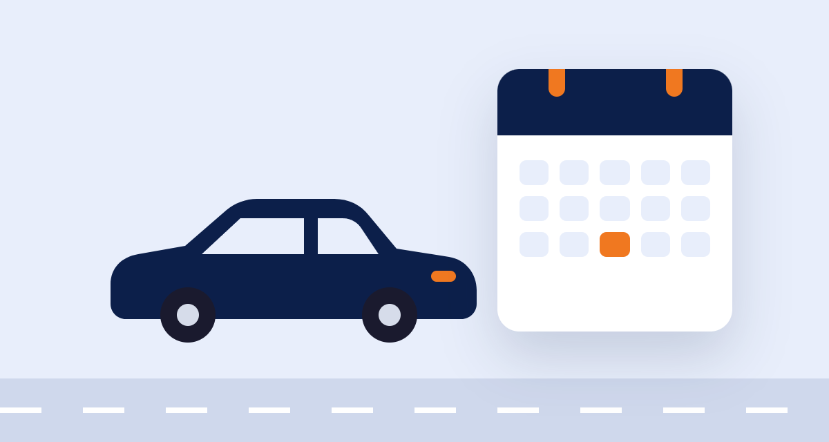 Um carro azul-marinho ao lado de um calendário com um dia marcado em laranja.