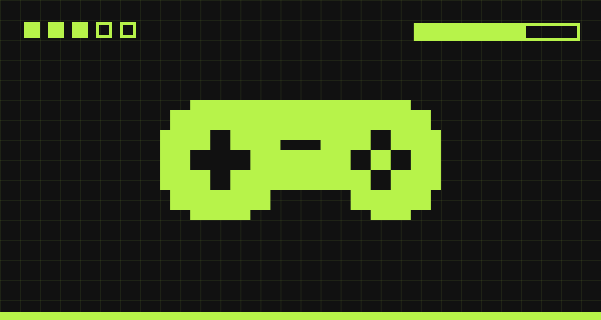 Um controle de videogame em pixel art verde sobre fundo preto quadriculado.
