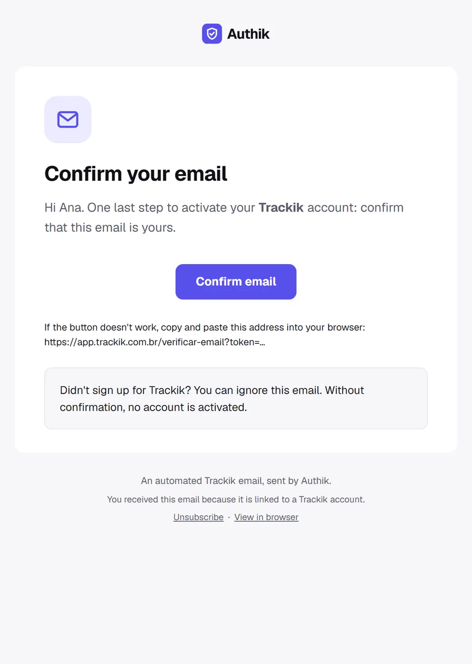 Preview of the email "Confirm your email on Trackik"