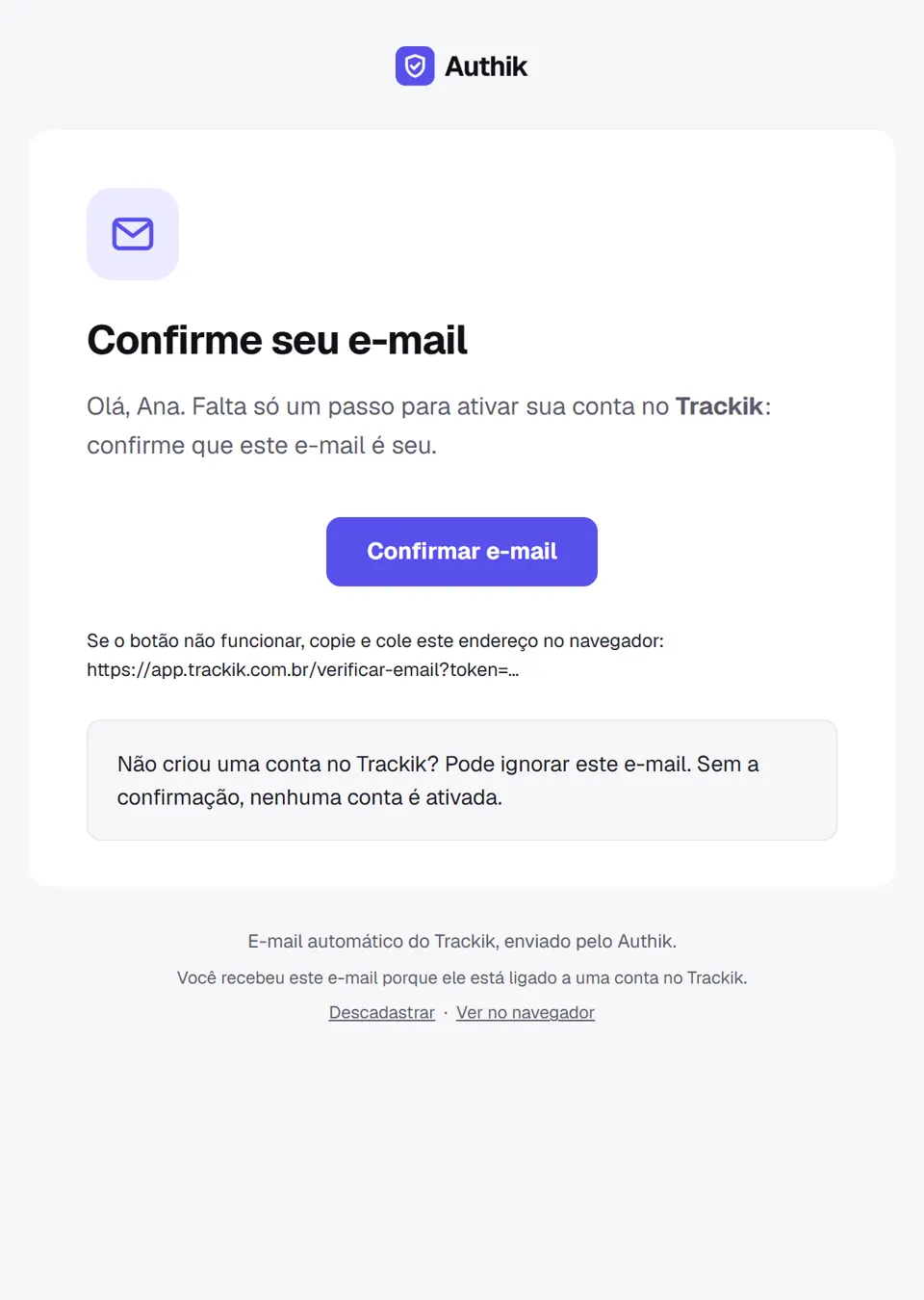 Prévia do email "Confirme seu e-mail no Trackik"