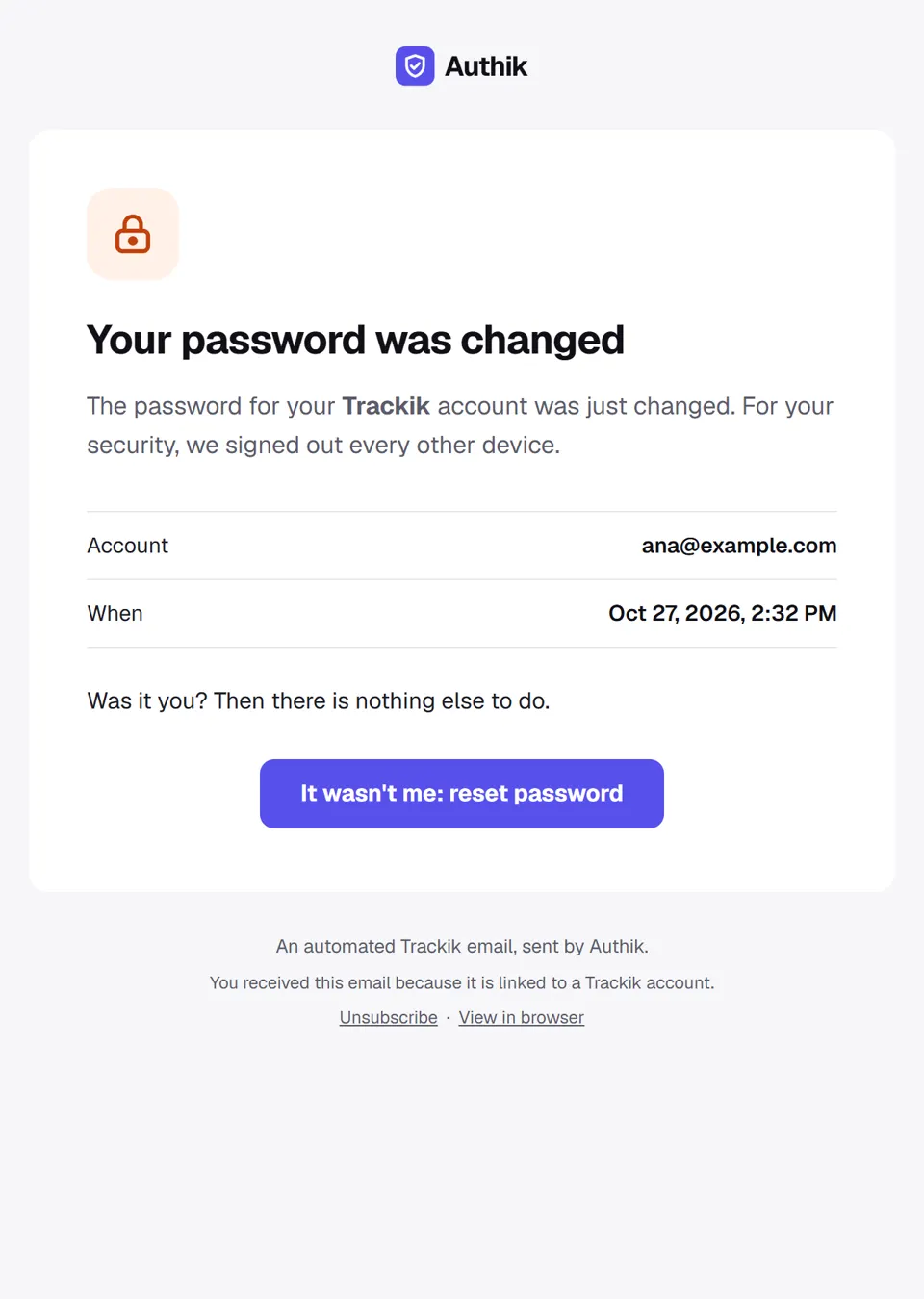 Preview of the email "Your Trackik password was changed"
