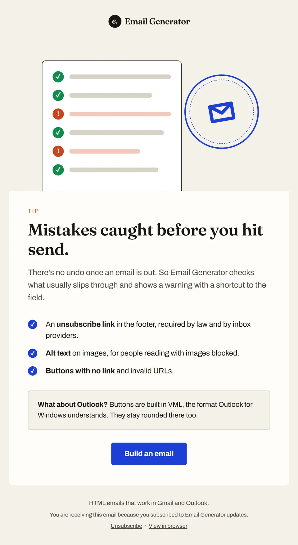 Preview of the email "Before you send, the generator checks your email"