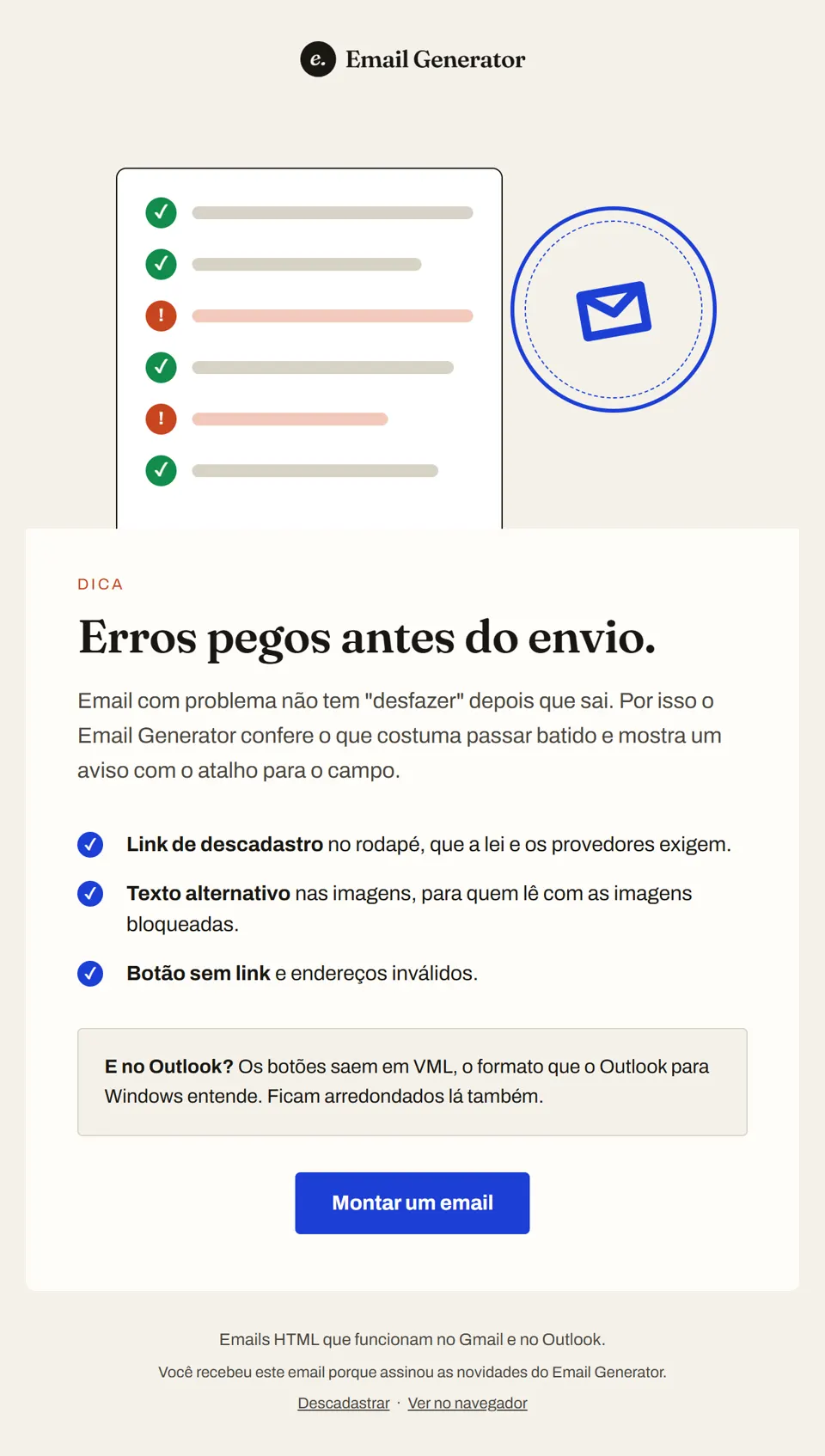 Prévia do email "Antes de enviar, o gerador confere o seu email"