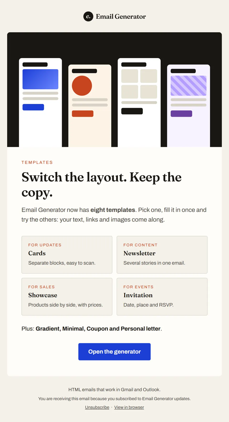 Preview of the email "Eight email templates, one click to switch"