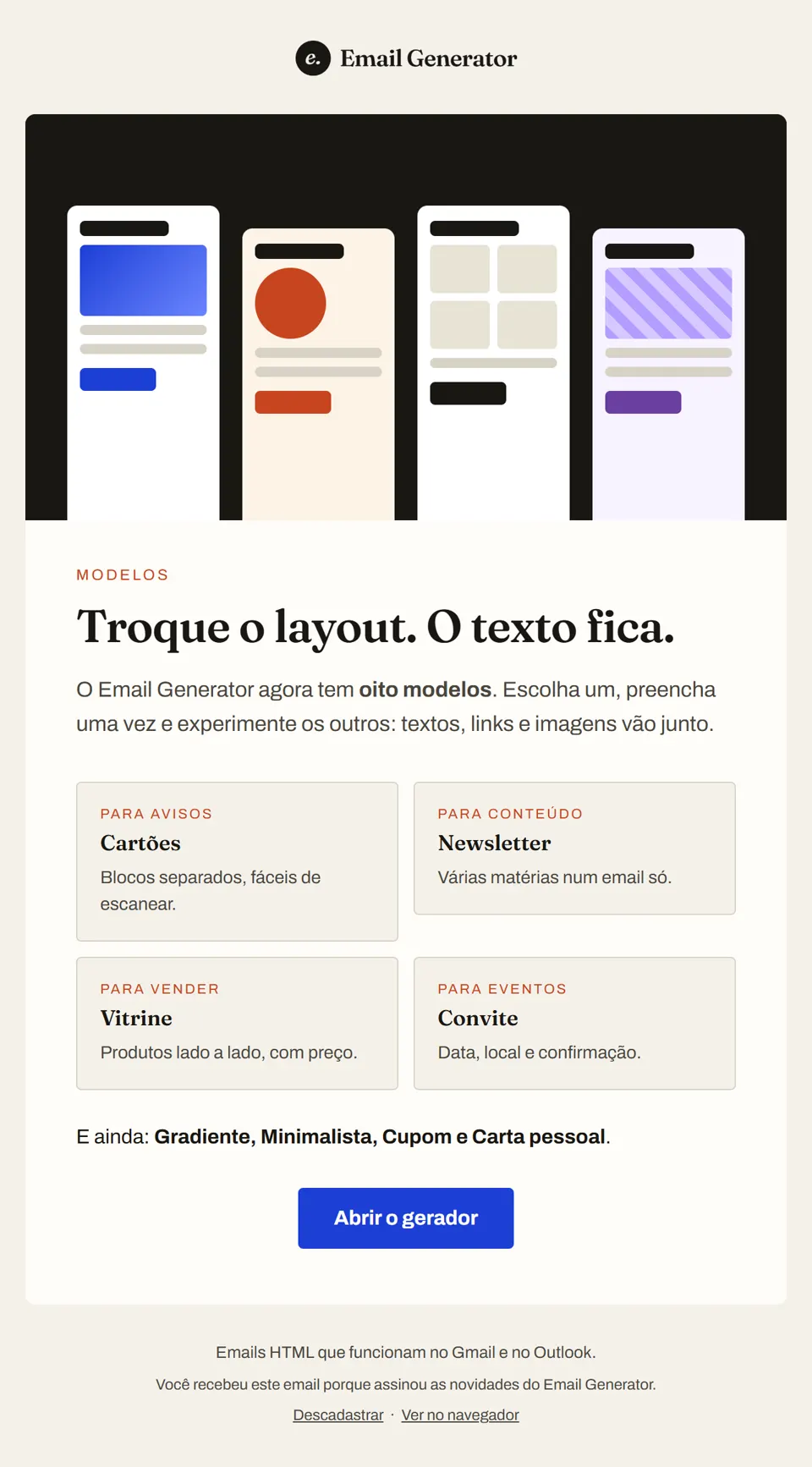 Prévia do email "Oito modelos de email, um clique para trocar"