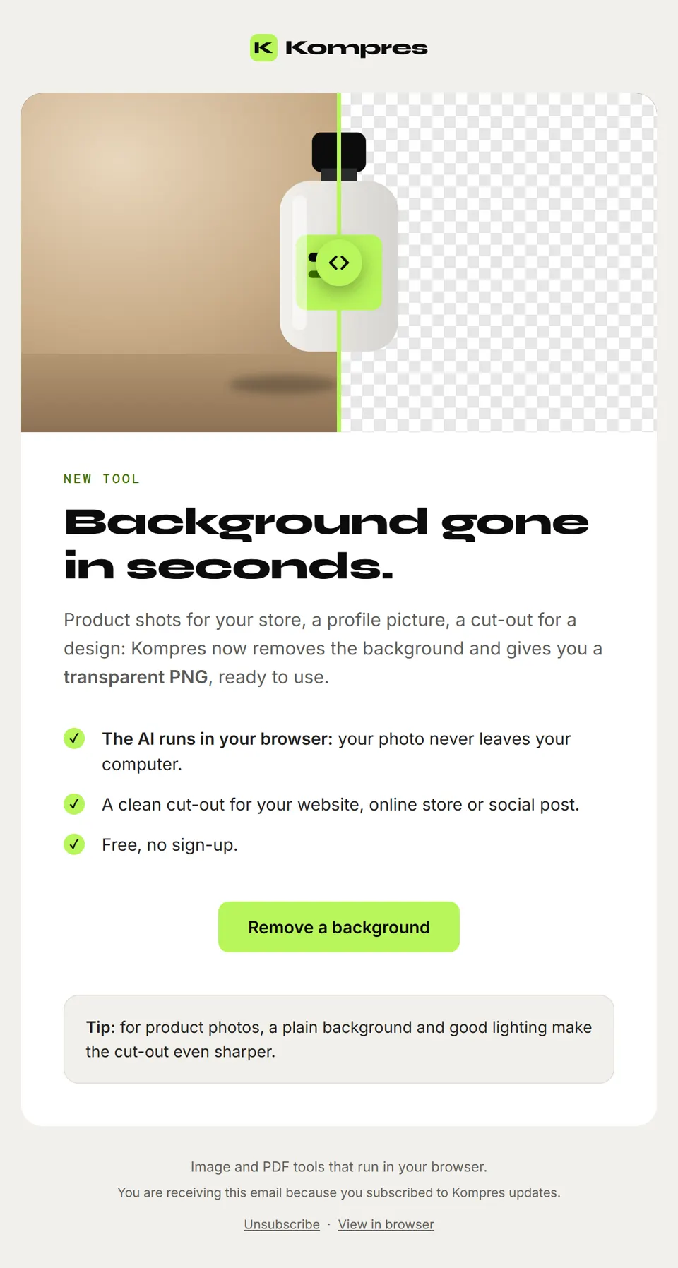 Preview of the email "New on Kompres: remove the background from any image"