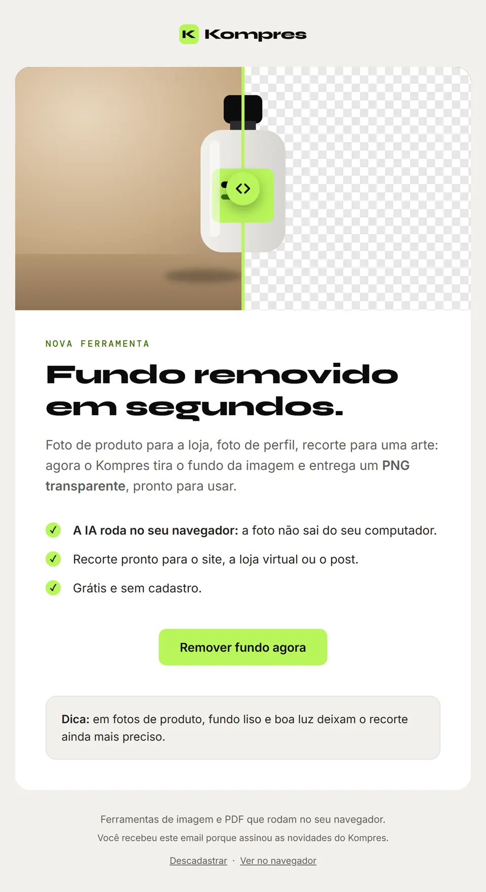 Prévia do email "Novo no Kompres: remova o fundo de qualquer imagem"