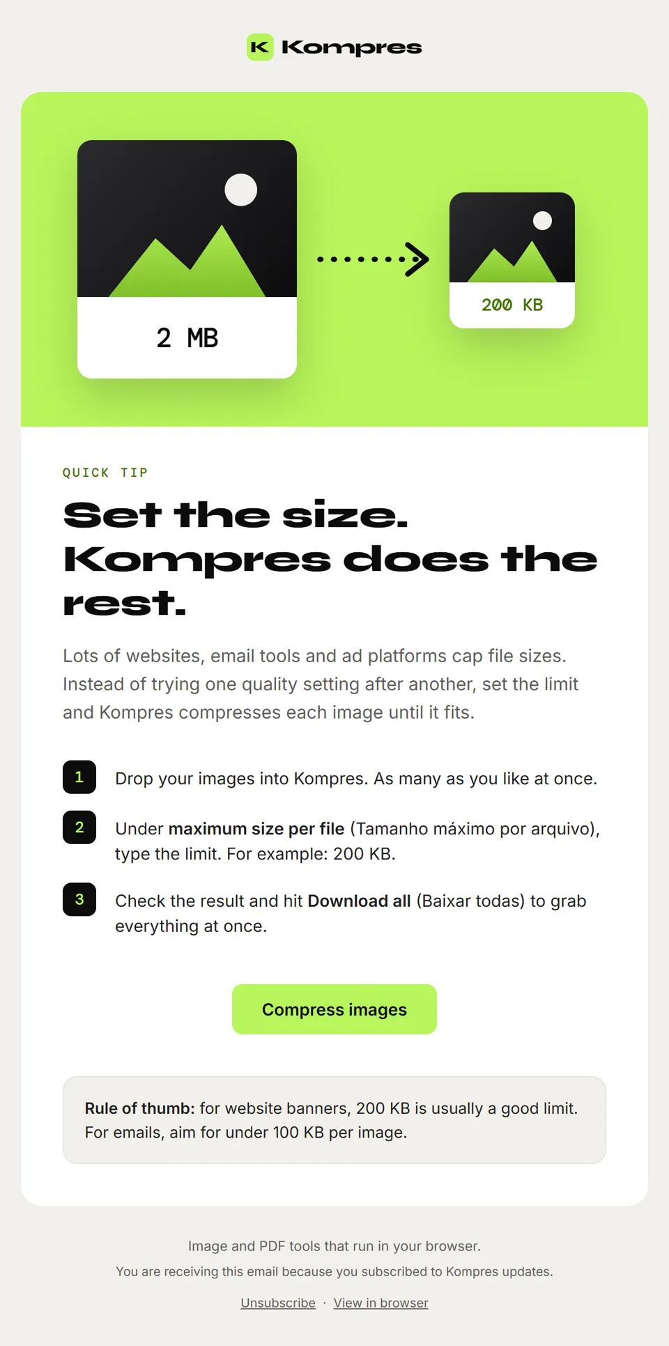 Preview of the email "Tip: images at the exact file size you need"