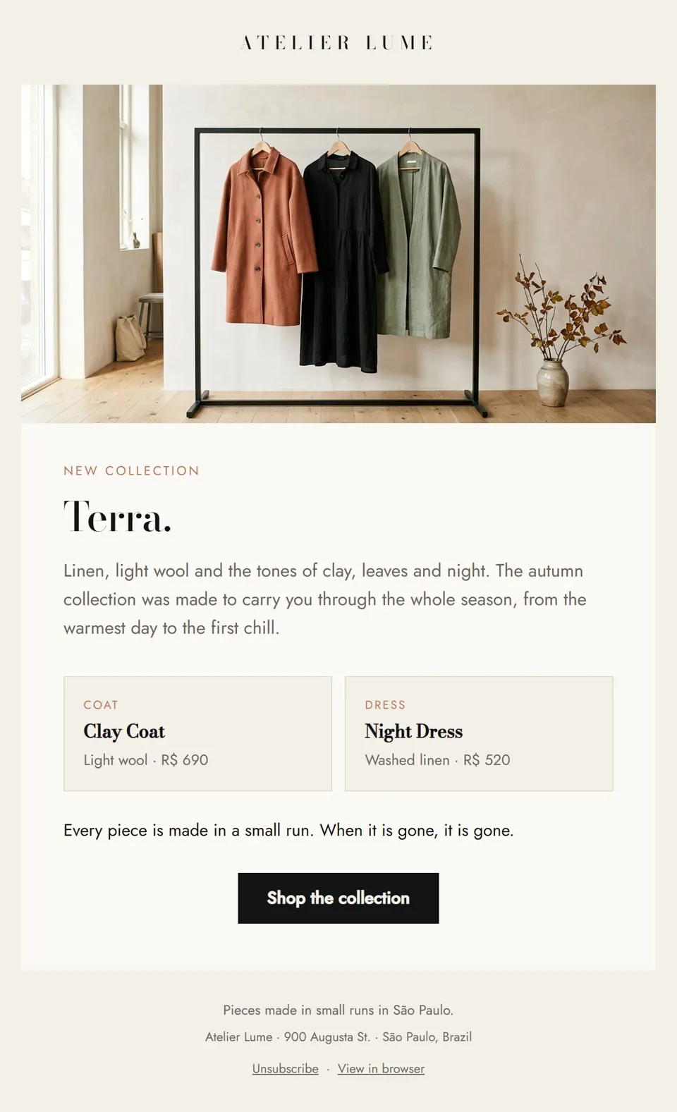 Preview of the email "Autumn at Atelier Lume: the Terra collection is here"