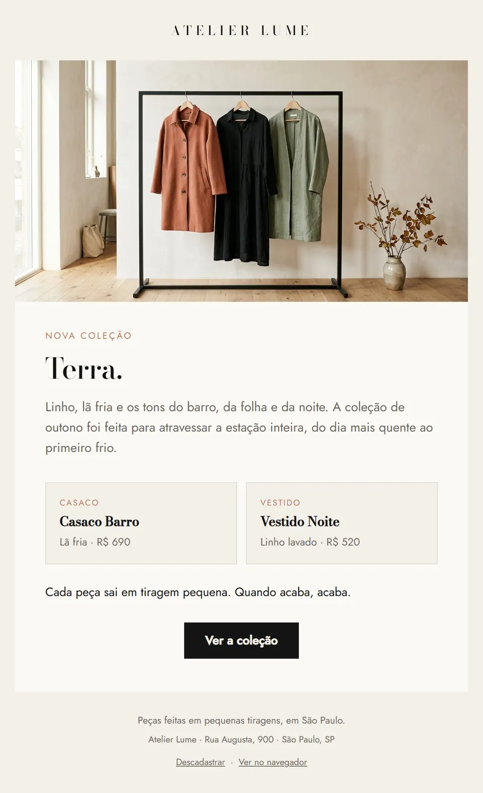 Prévia do email "Outono no Atelier Lume: a coleção Terra chegou"