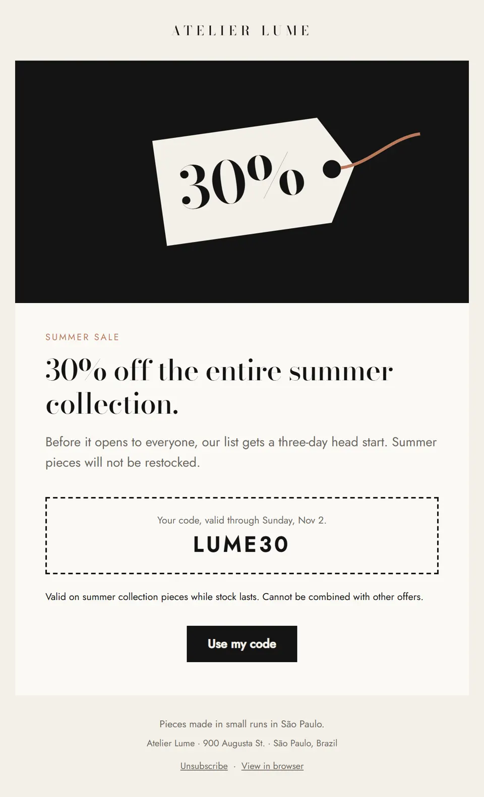 Preview of the email "Subscribers only: 30% off the entire summer collection"