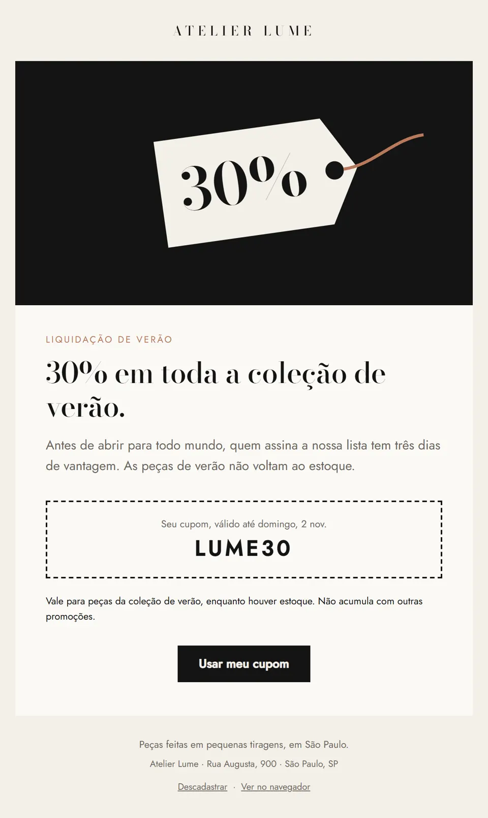 Prévia do email "Só para quem assina: 30% em toda a coleção de verão"