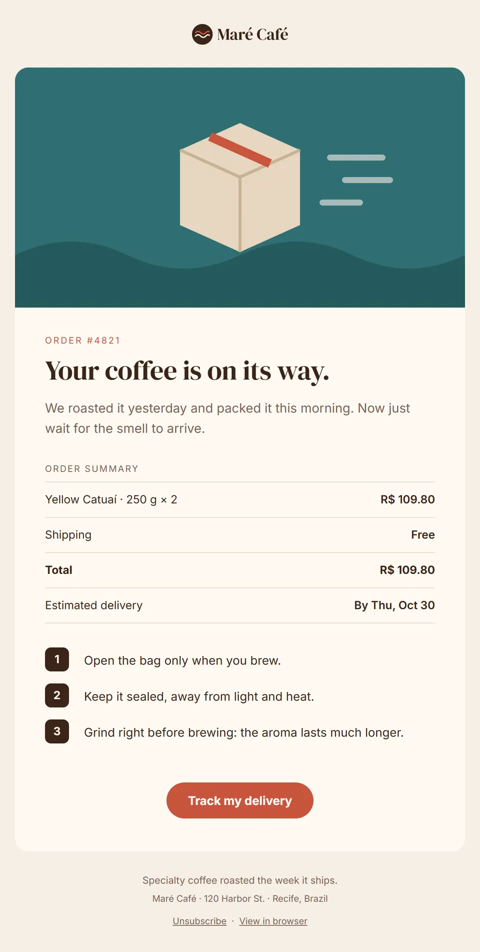 Preview of the email "Your order #4821 is on its way"