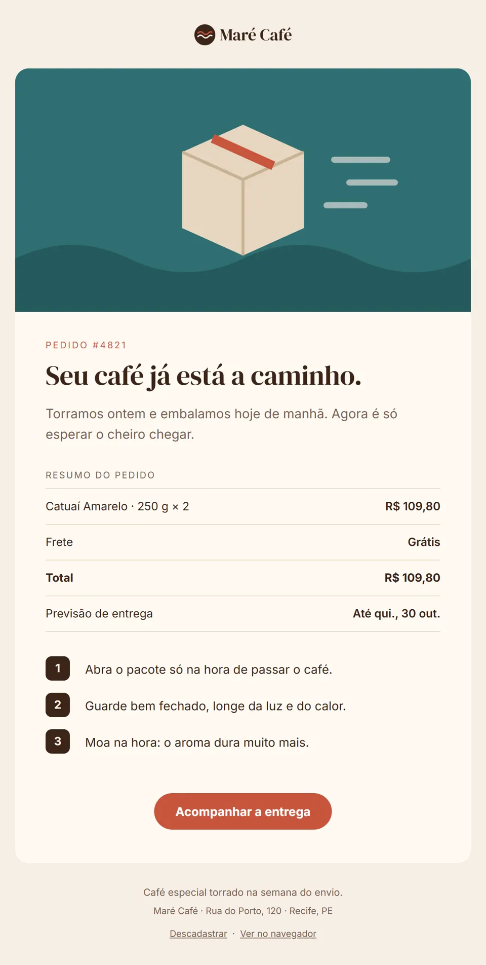 Prévia do email "Seu pedido #4821 saiu para entrega"