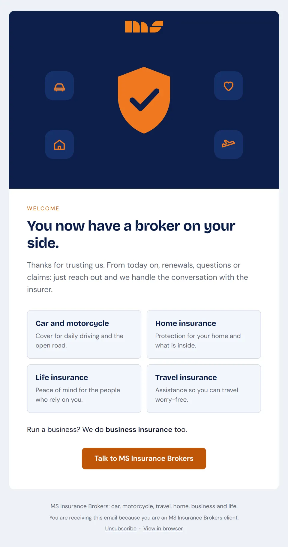 Preview of the email "Welcome to MS Insurance Brokers"