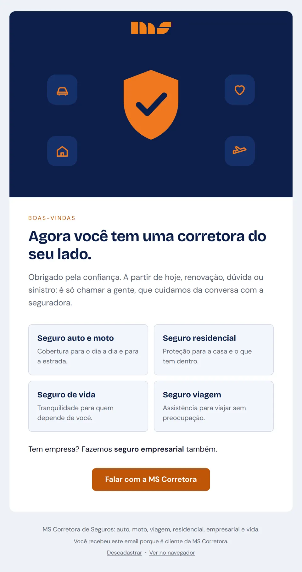 Prévia do email "Bem-vindo à MS Corretora"
