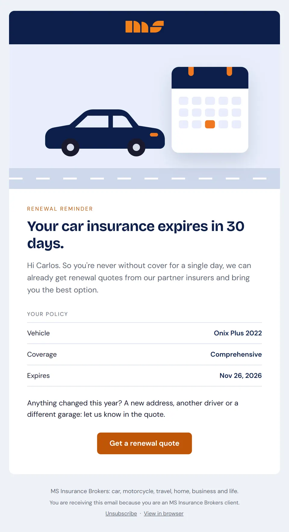 Preview of the email "Carlos, your car insurance expires in 30 days"