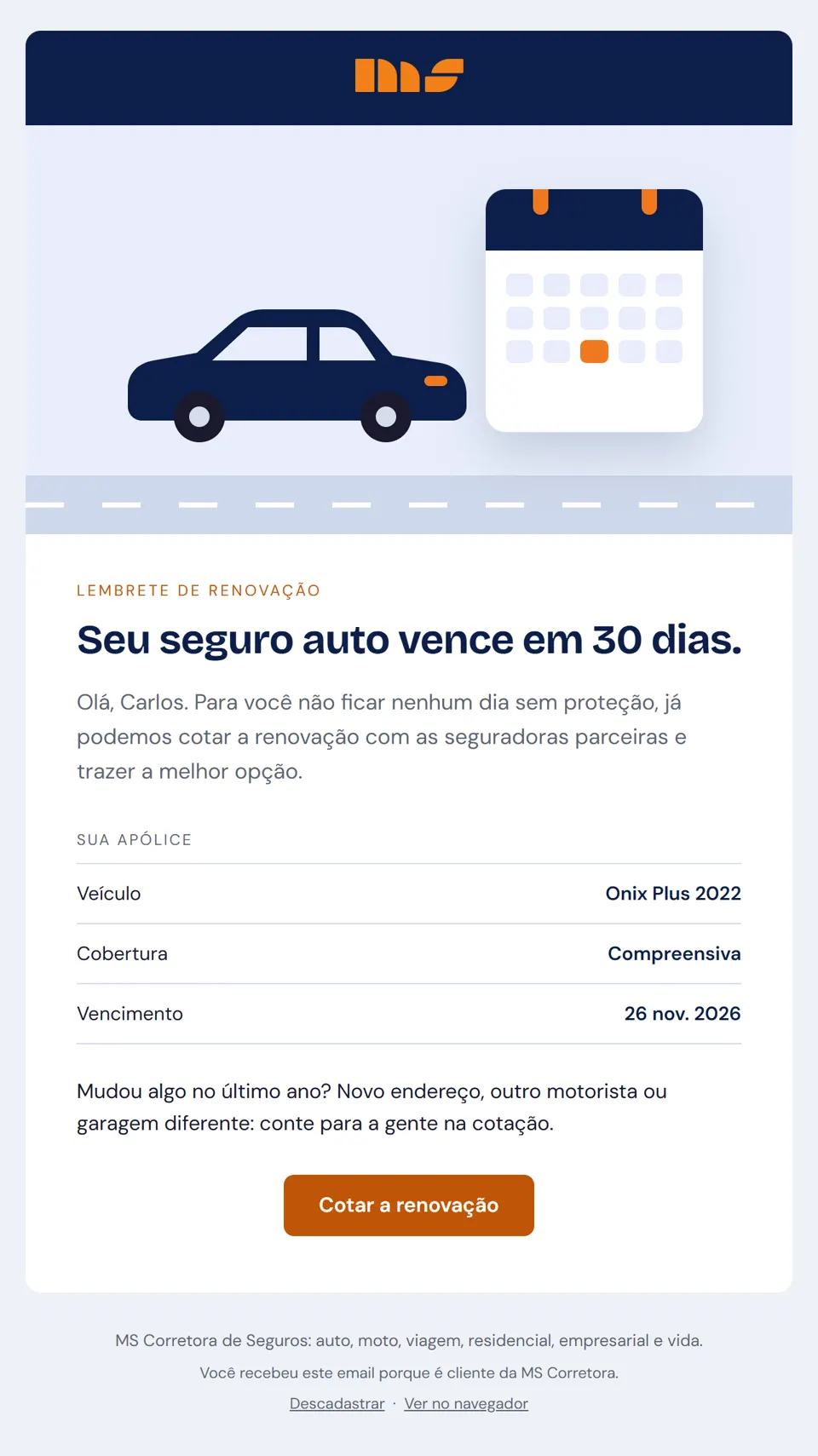 Prévia do email "Carlos, seu seguro auto vence em 30 dias"