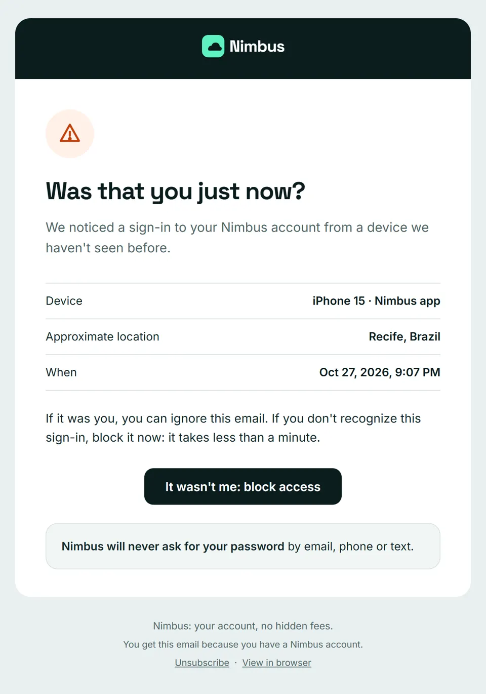 Preview of the email "New sign-in to your Nimbus account"