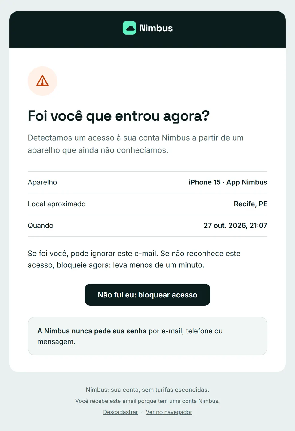 Prévia do email "Novo acesso à sua conta Nimbus"