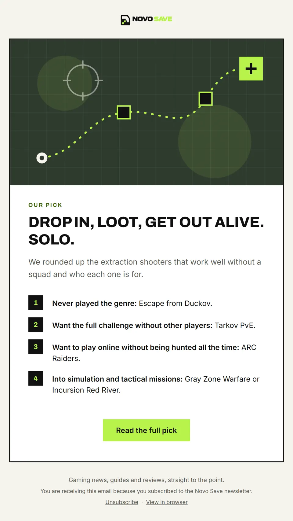 Preview of the email "Want to play extraction shooters without a squad? Start here"