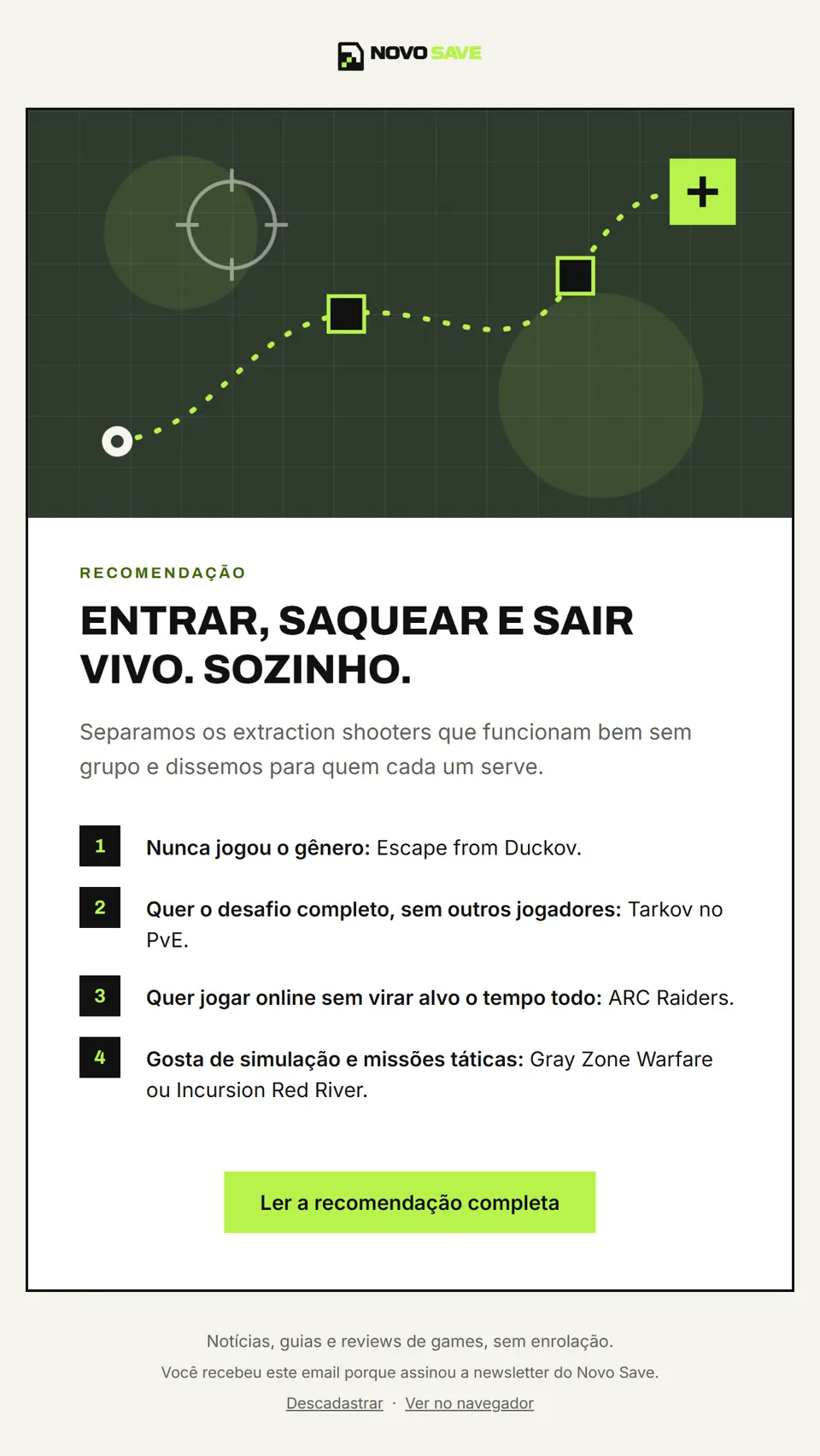 Prévia do email "Quer jogar extraction shooter sem grupo? Comece por aqui"