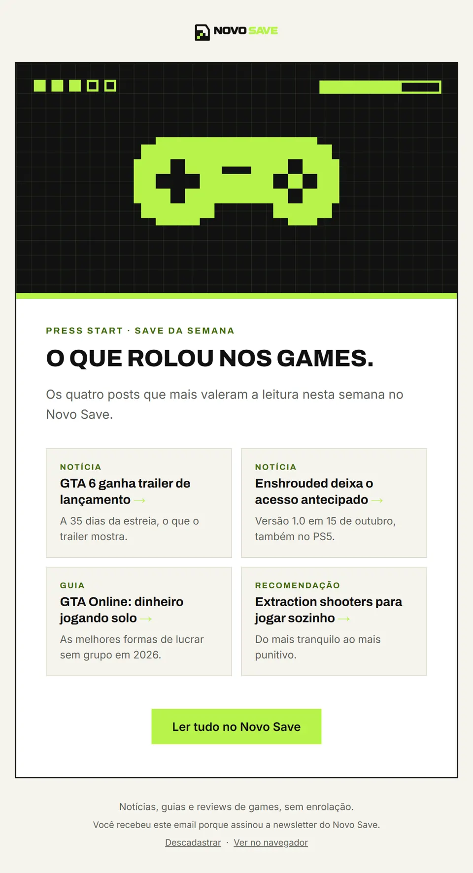 Prévia do email "Save da semana: GTA 6, Enshrouded e dinheiro no GTA Online"
