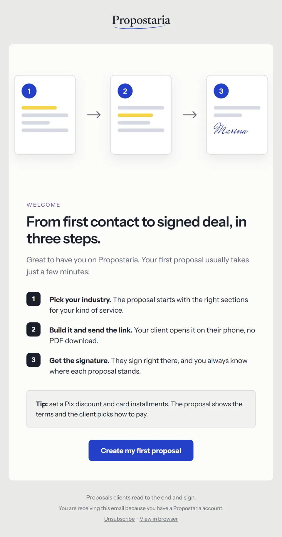 Preview of the email "Your first proposal can go out today"