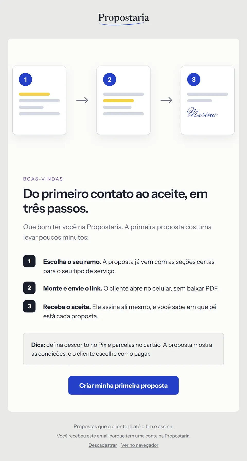 Prévia do email "Sua primeira proposta pode sair hoje"