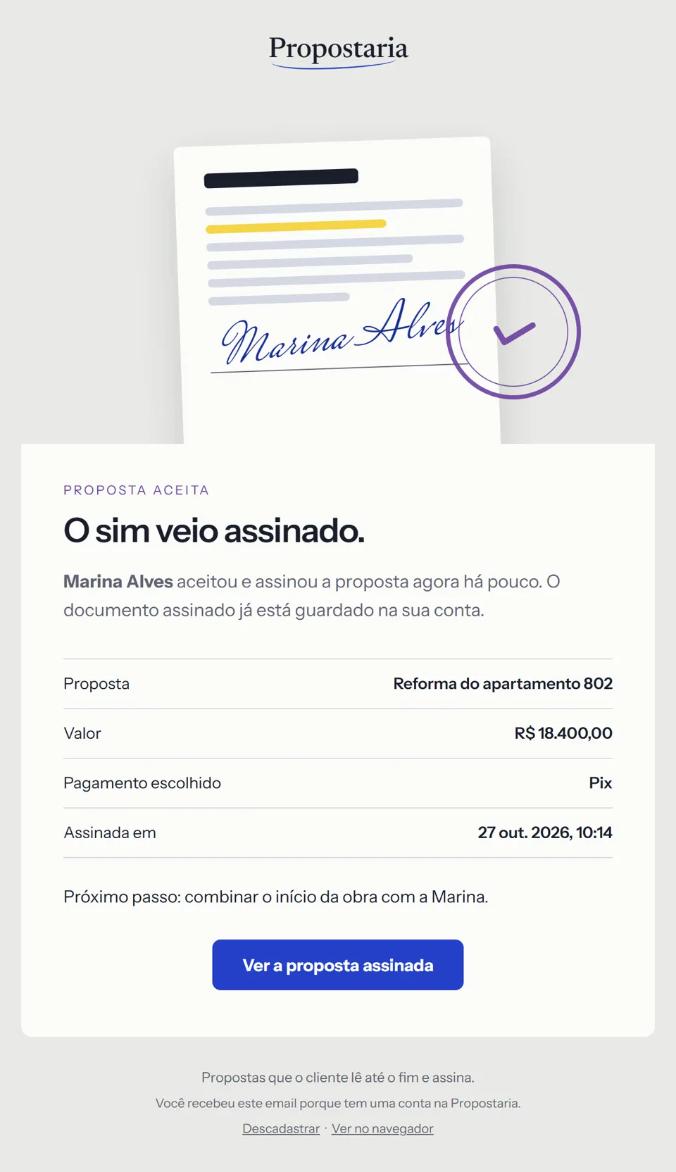 Prévia do email "Marina Alves assinou a proposta "Reforma do apartamento 802""