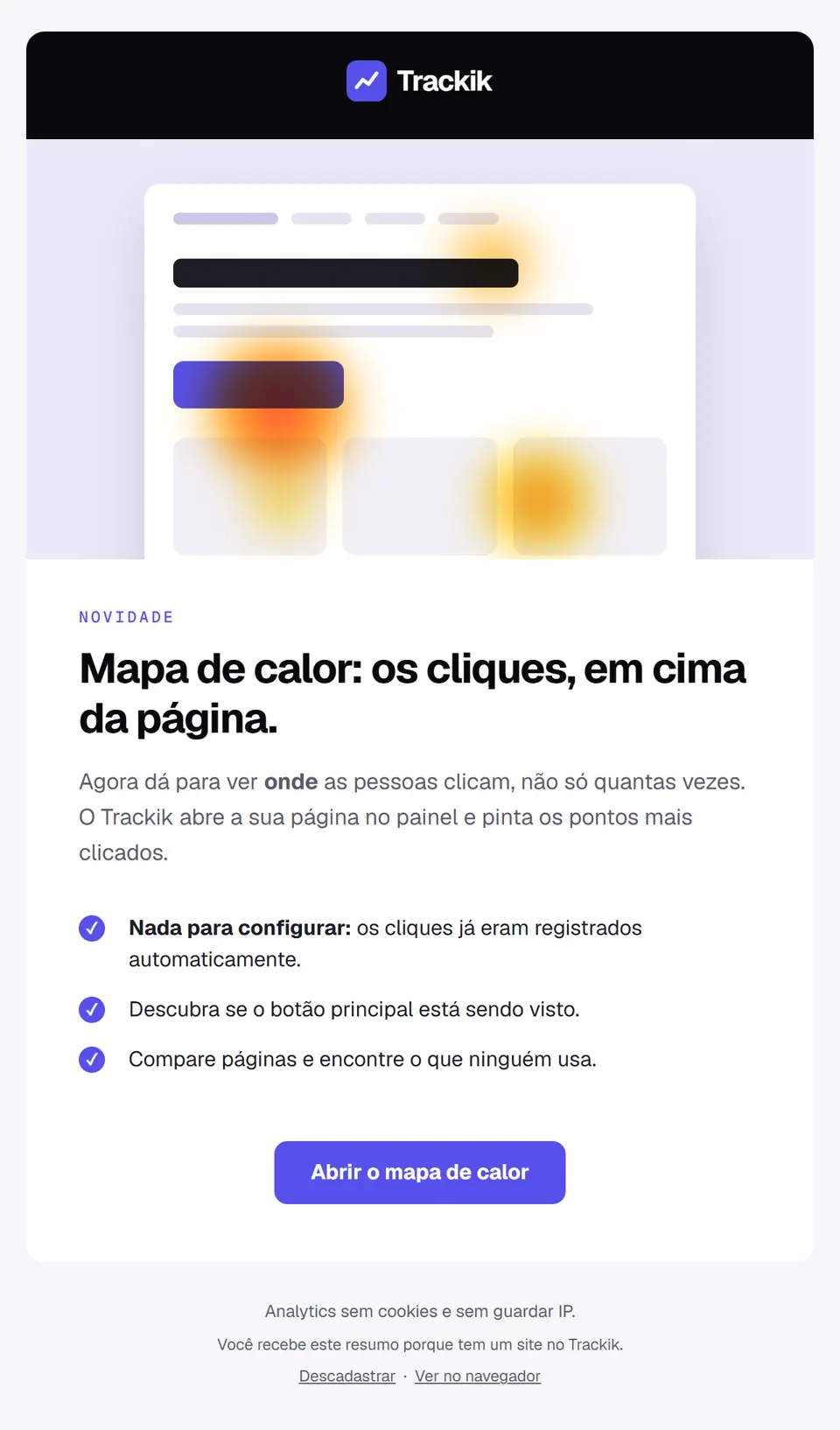 Prévia do email "Novo no Trackik: veja onde as pessoas clicam"