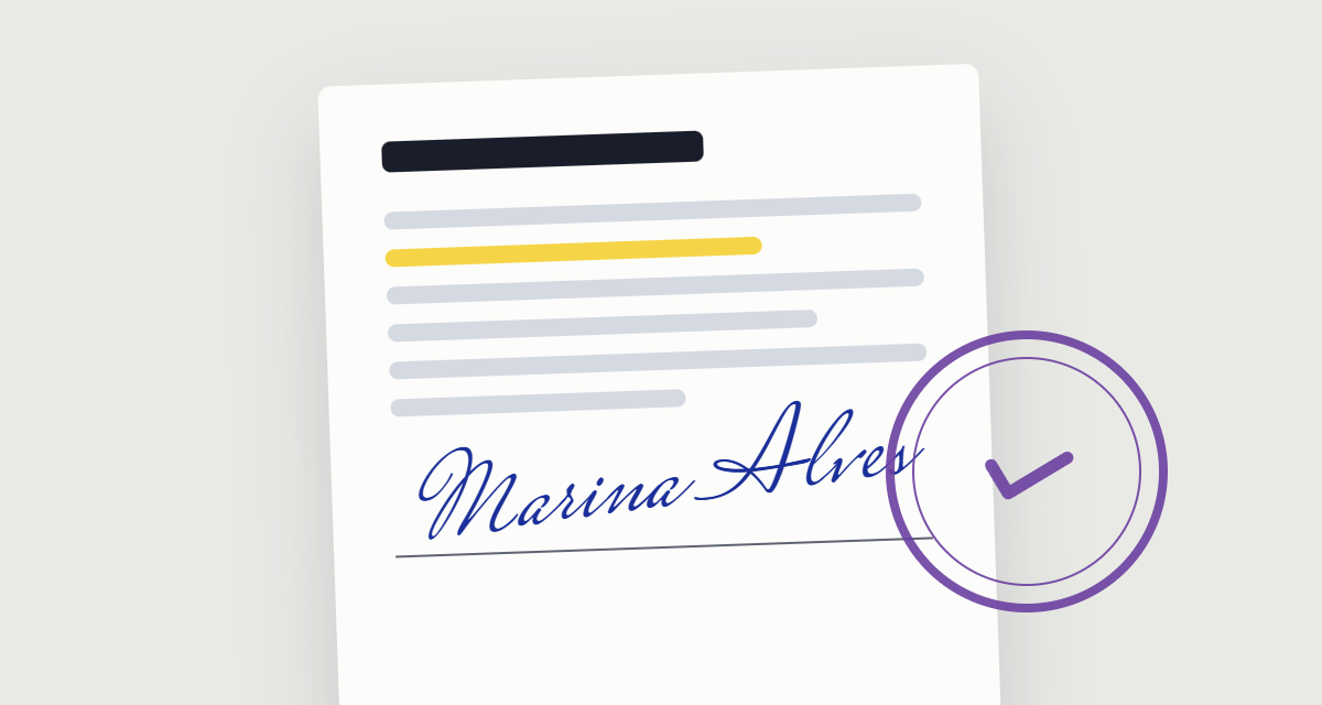 Uma proposta com a assinatura de Marina Alves e um carimbo de aprovado.
