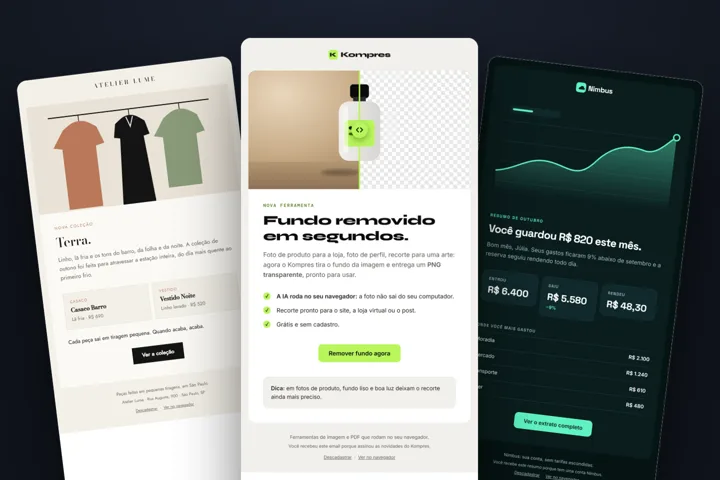 Prévia de emails HTML no modo claro e no escuro