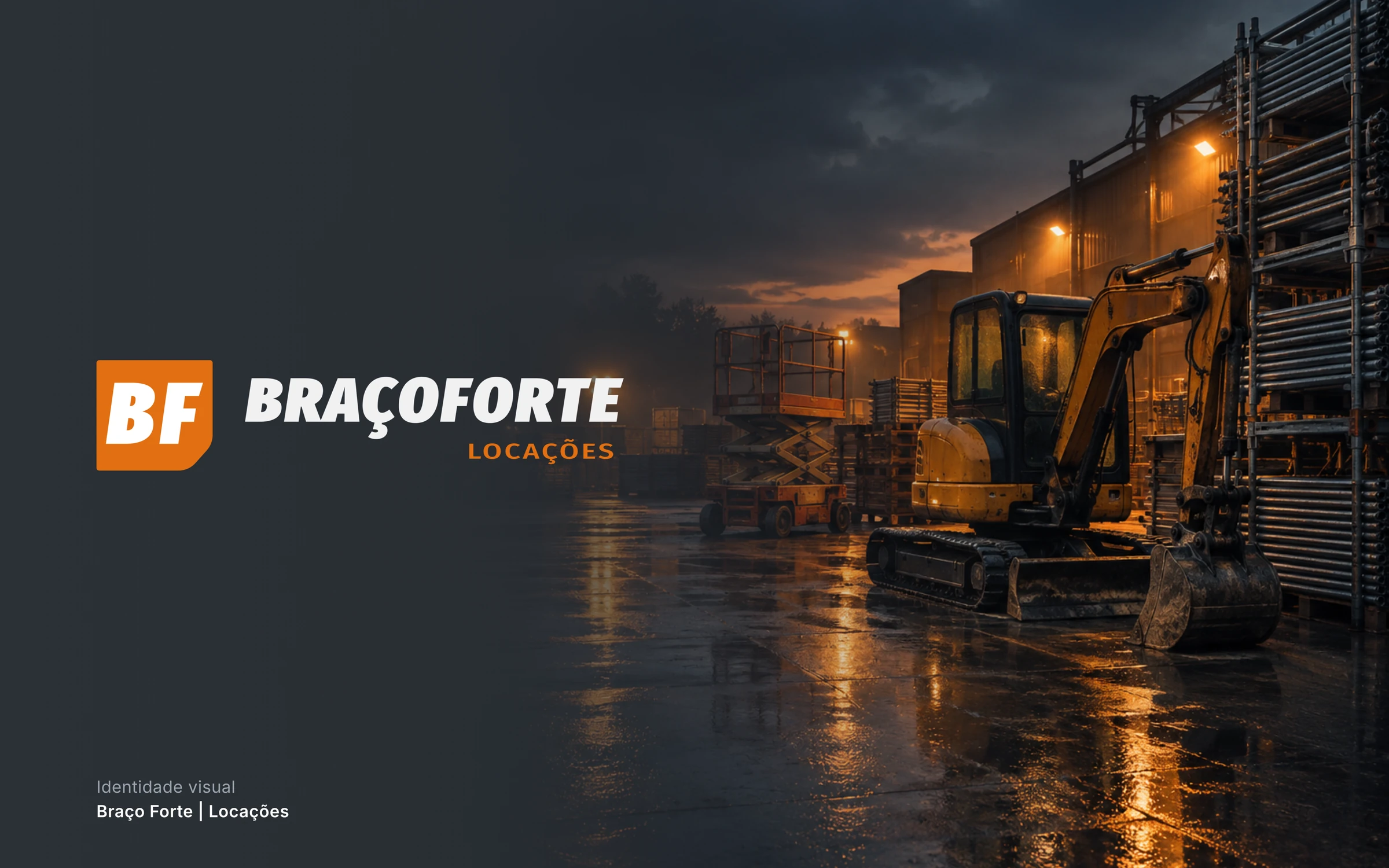 Logo da Braço Forte sobre um pátio de máquinas ao entardecer