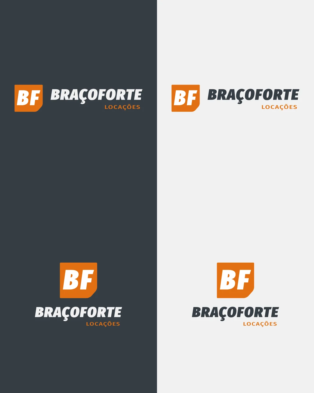 Oito versões do logo em grafite, off-white, laranja e branco