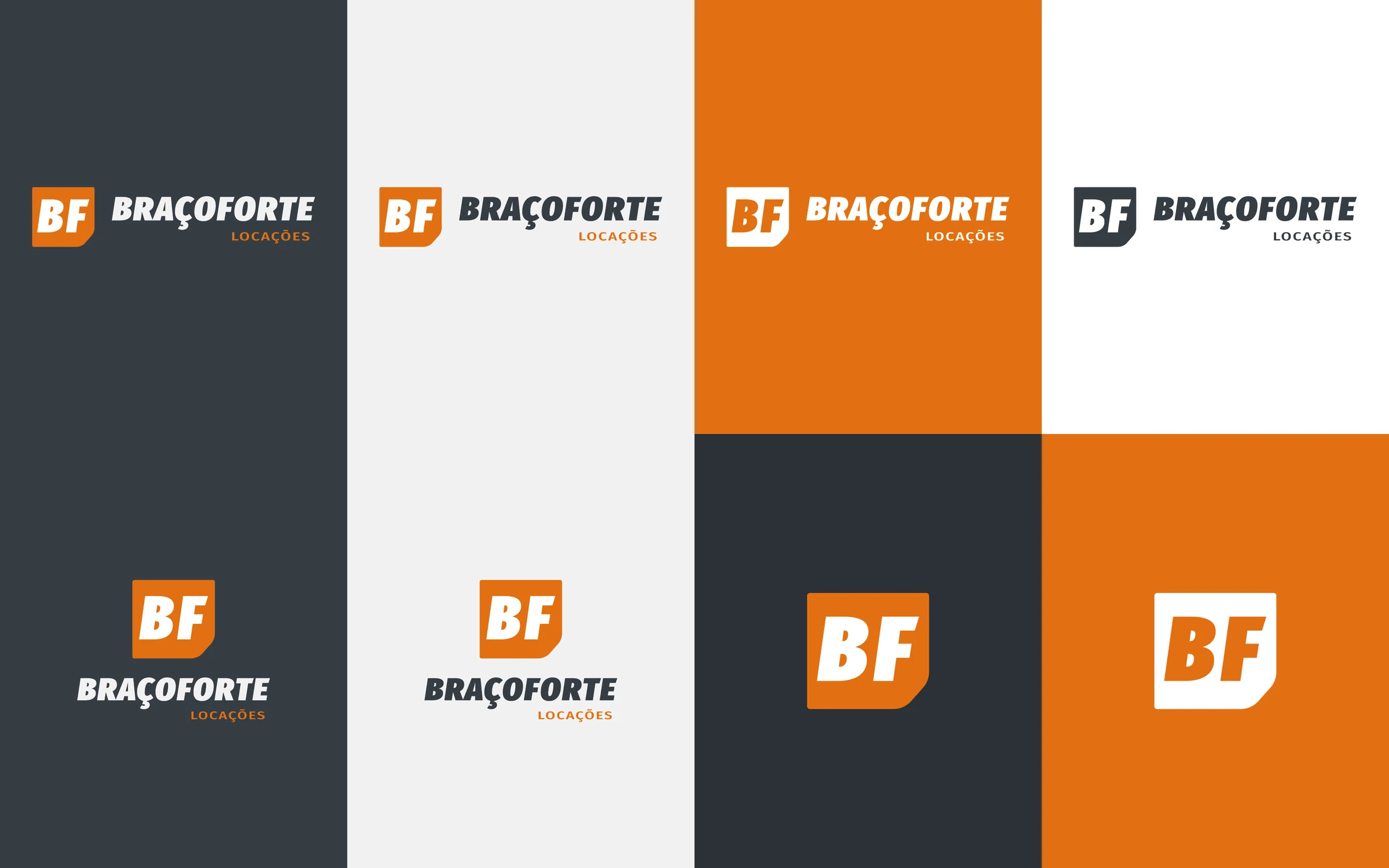 Oito versões do logo em grafite, off-white, laranja e branco