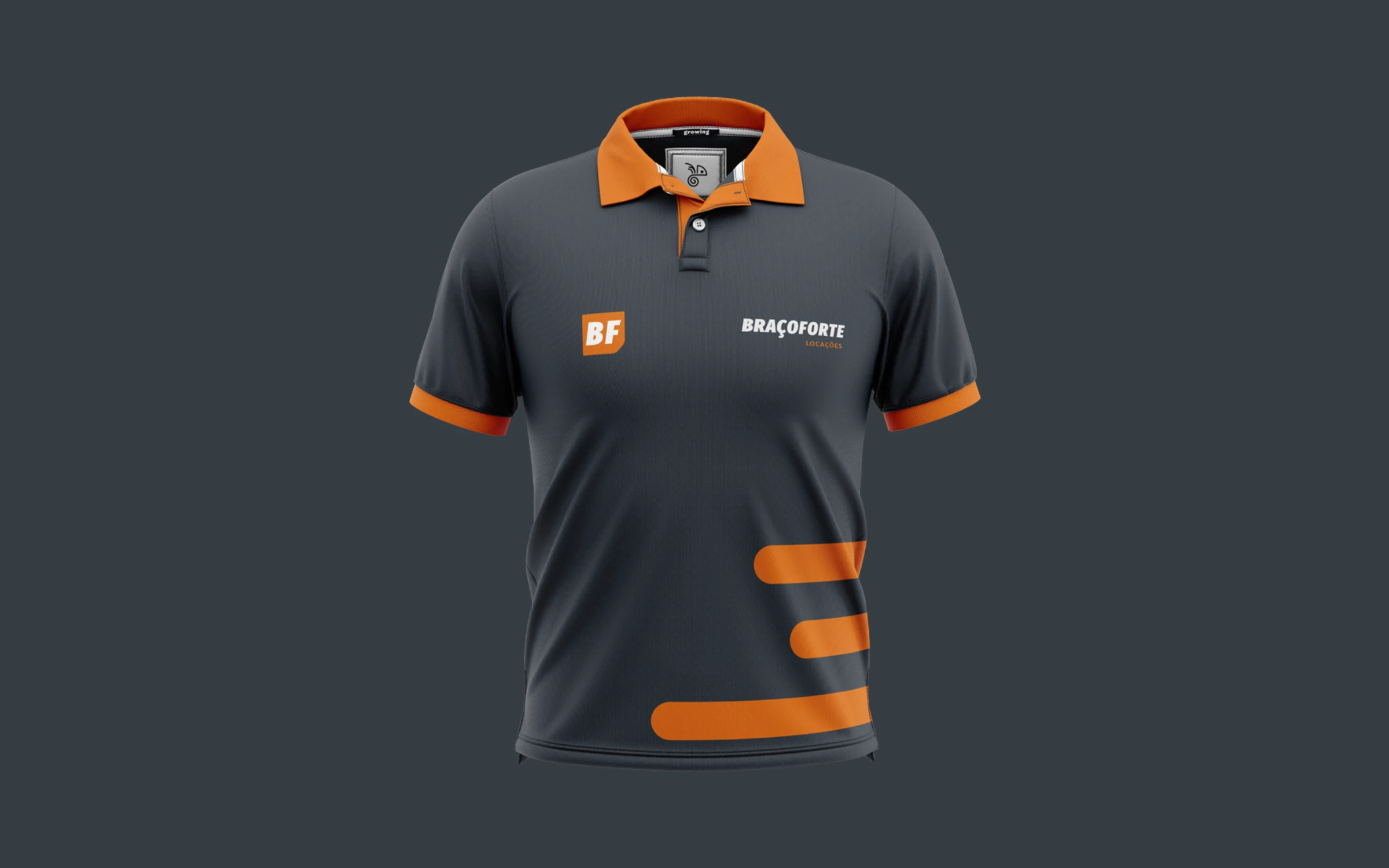 Camisa polo grafite com gola laranja e as faixas
