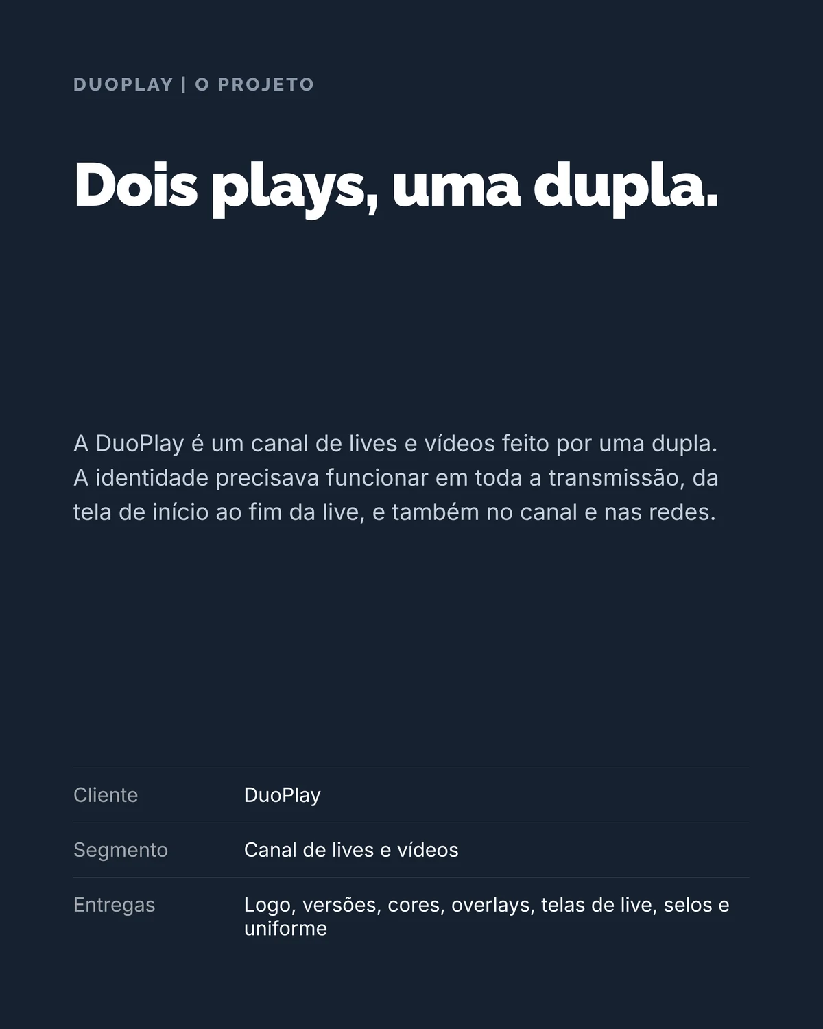 Texto de apresentação do projeto com cliente, segmento e entregas