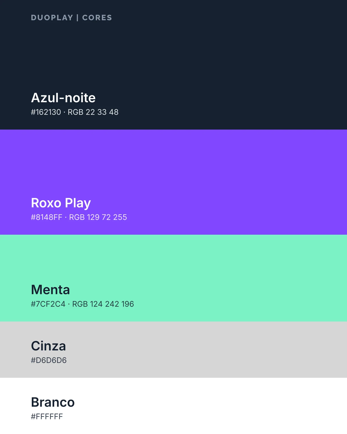 Paleta: azul-noite, roxo, menta, cinza e branco