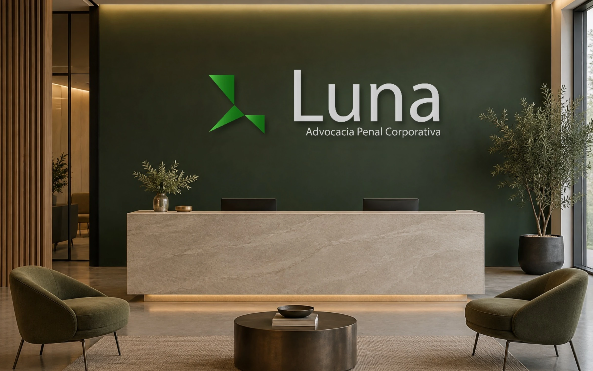 Recepção de escritório com o logo da Luna na parede