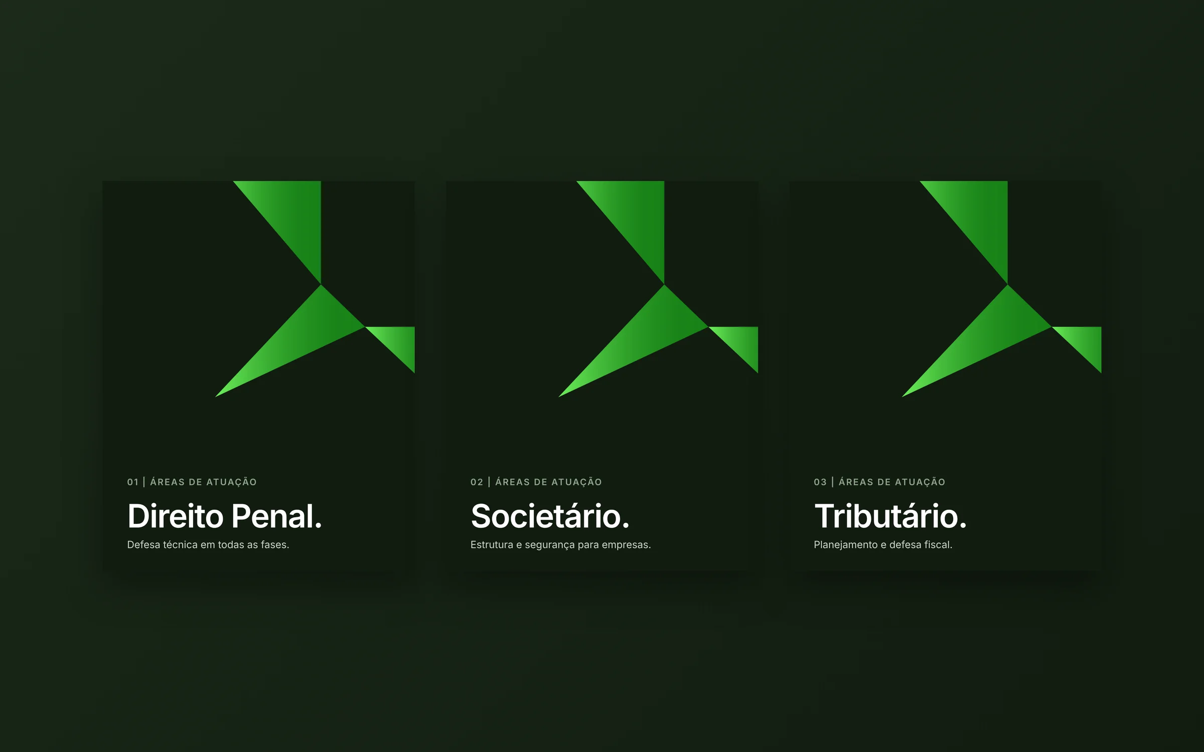 Três posts com as áreas de atuação: Direito Penal, Societário e Tributário