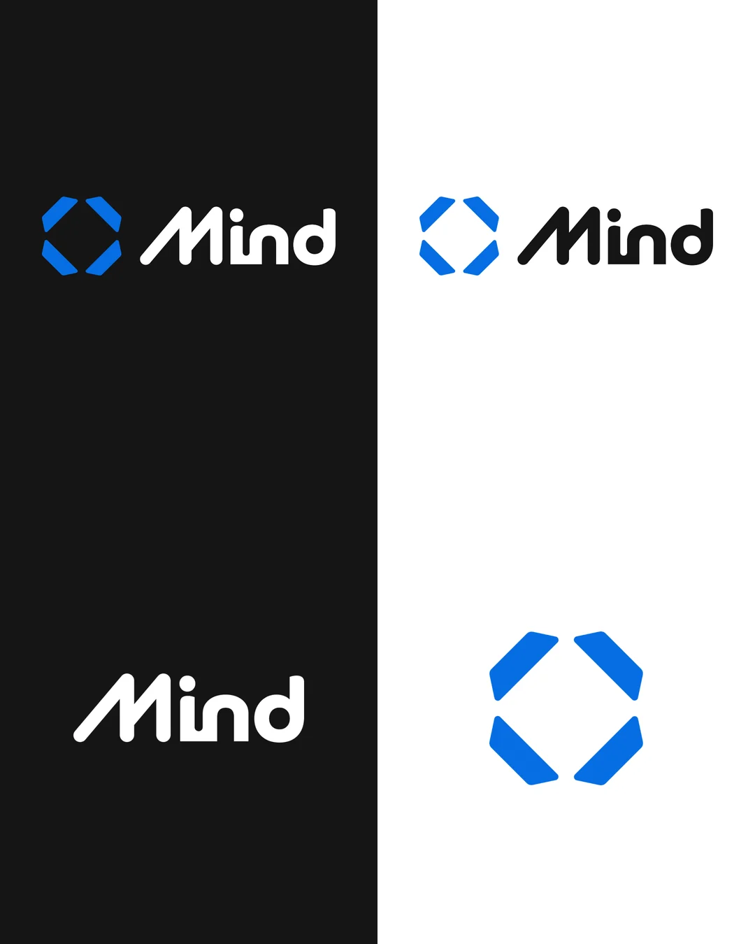 Oito versões do logo em fundos preto, branco, azul, cinza e grafite