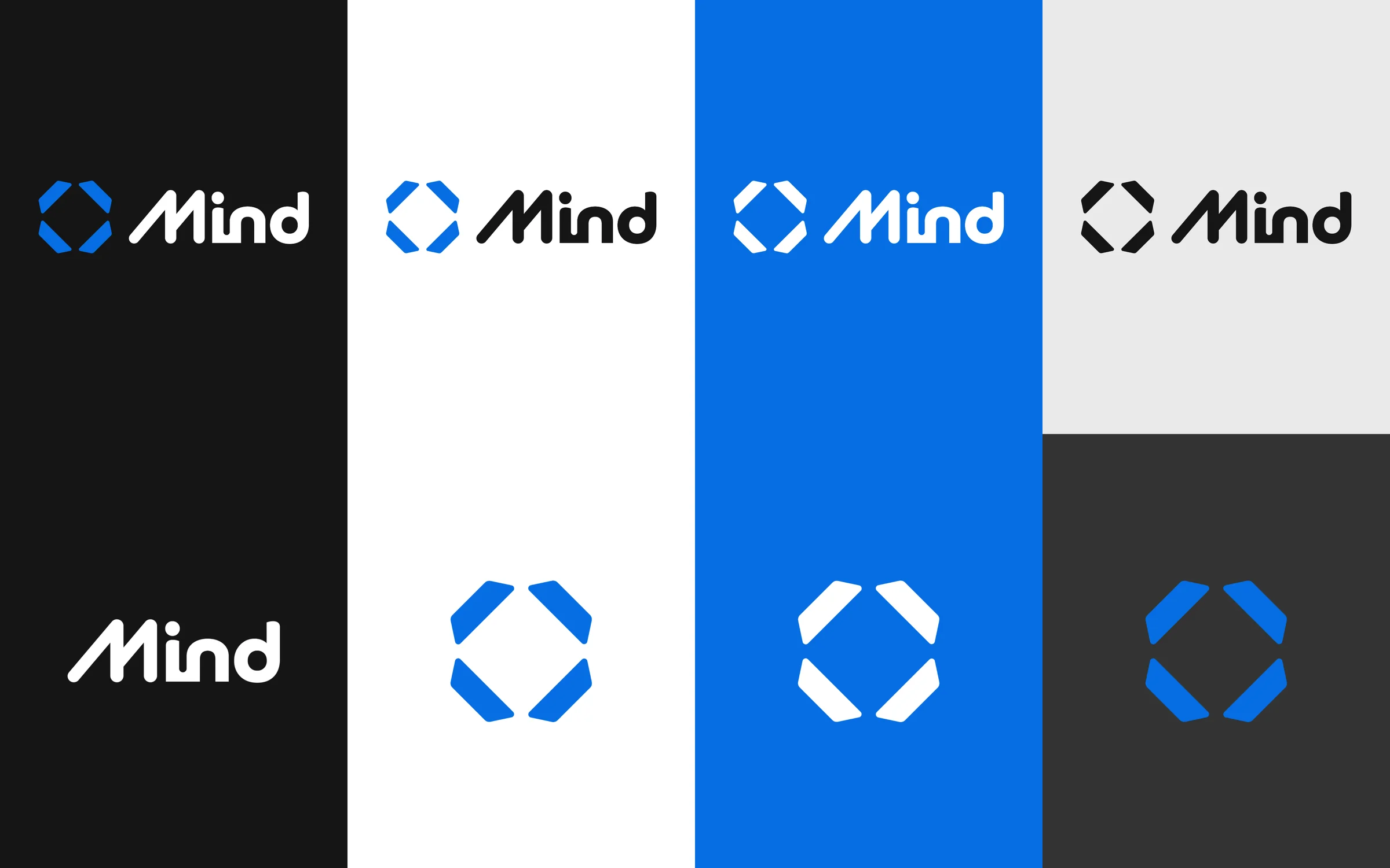 Oito versões do logo em fundos preto, branco, azul, cinza e grafite