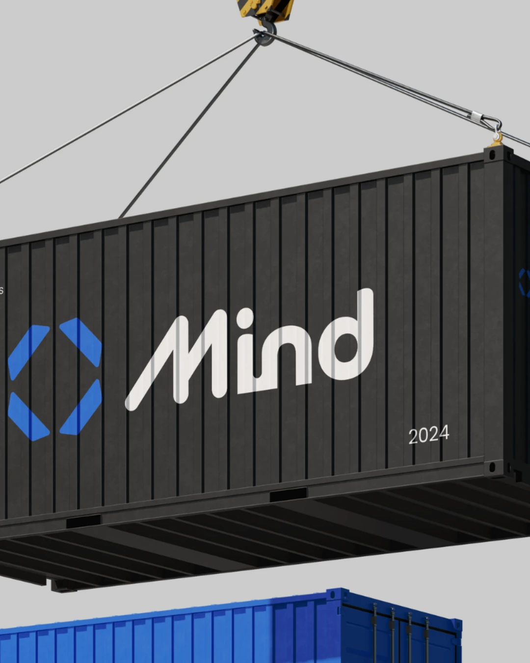Contêiner preto suspenso com o logo da Mind