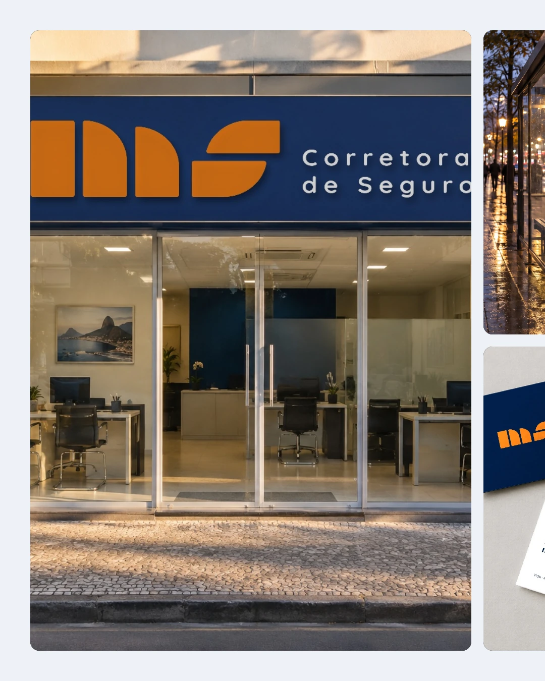 Fachada, cartaz, polo, cartões e carro com a marca da MS