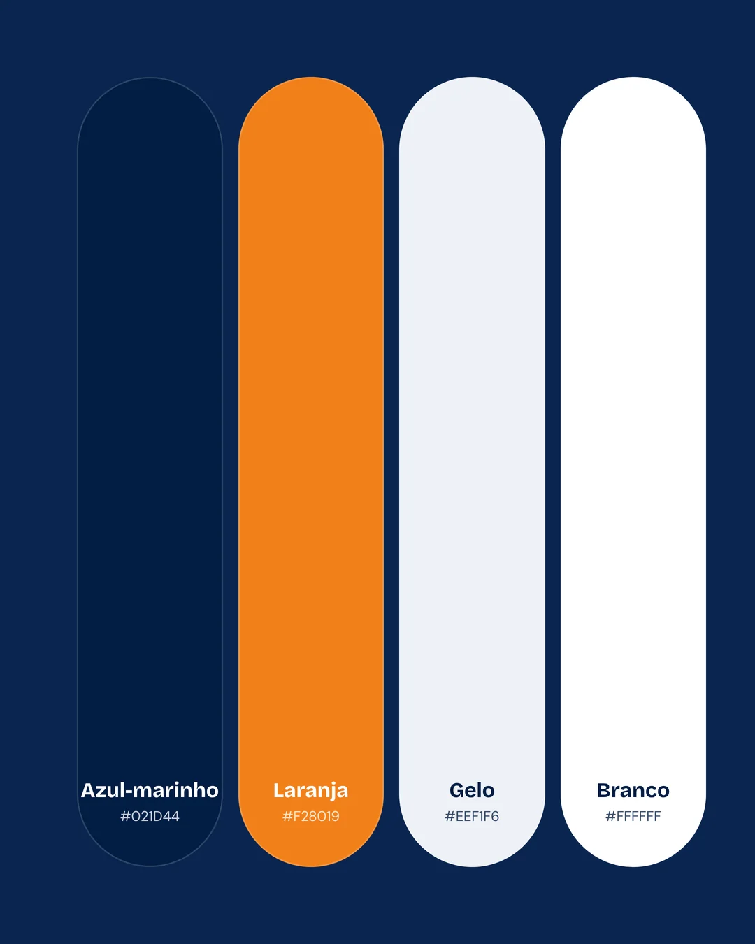 Azul-marinho, laranja, gelo e branco, com Bricolage Grotesque e DM Sans